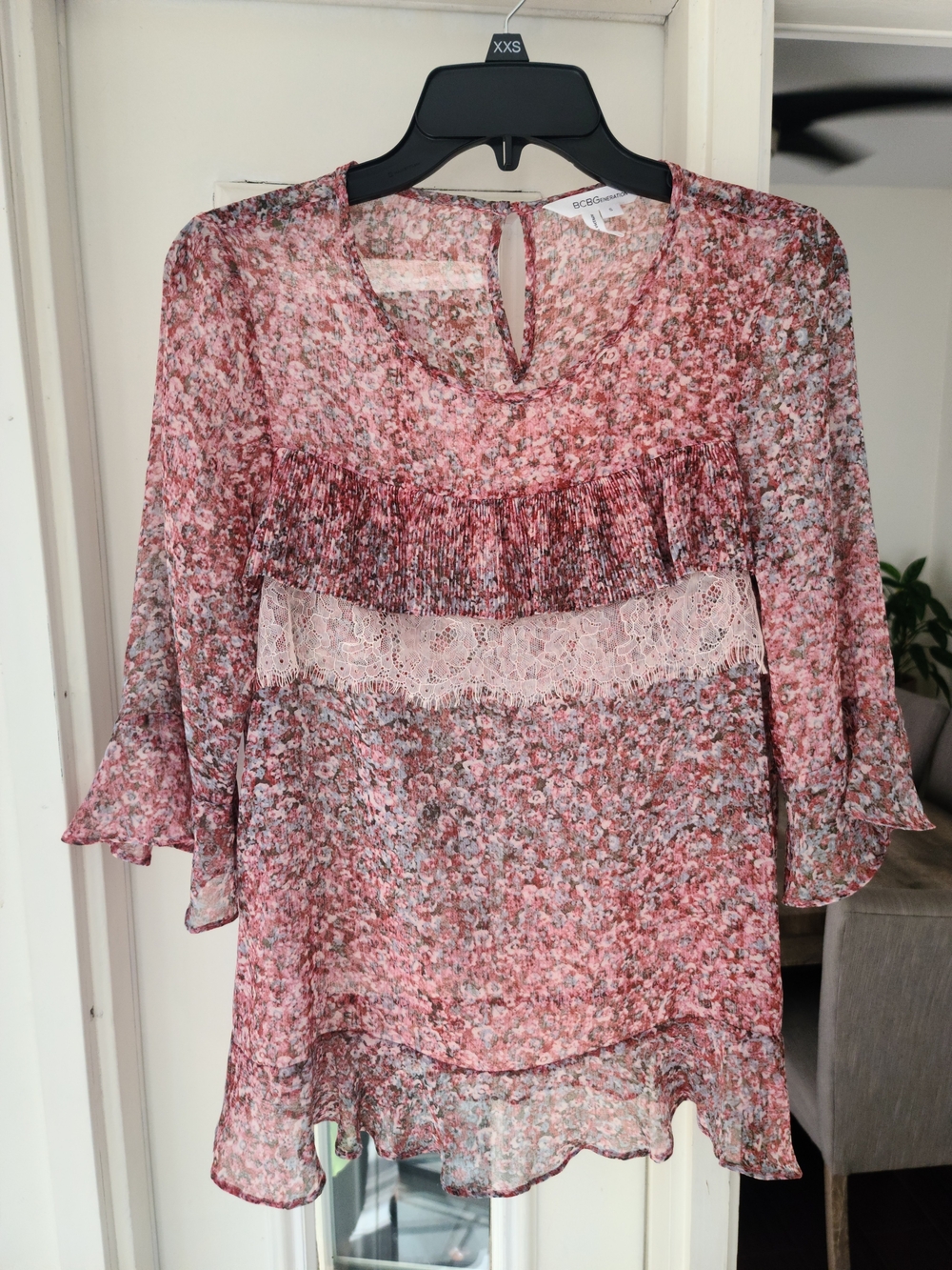 BCBGeneration Pink Floral Lace-Trim Sheer Blouse
